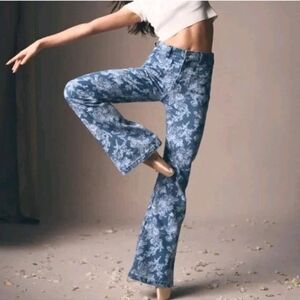 Gap X LoveShackFancy Floral 70's Flare High Rise Frayed Hem Blue Jeans Size 12